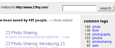 Screenshot of del.icio.us page for a URL