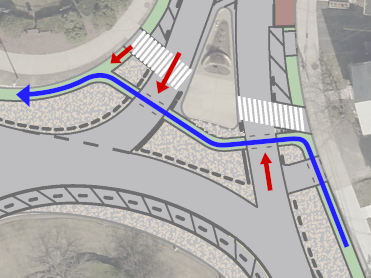Diagram cropped to the College Ave north interactions,
annotated with arrow showing path of a bike using the bike
lane, along with other arrows showing conflict points.