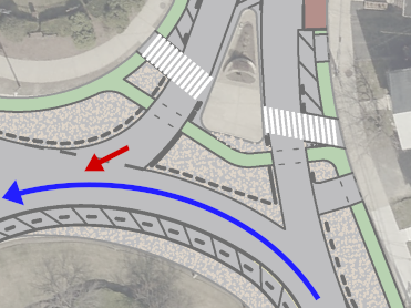 Diagram cropped to the College Ave north interactions,
annotated with arrow showing path of a bike using the main
lane, along with one arrow showing a conflict point.