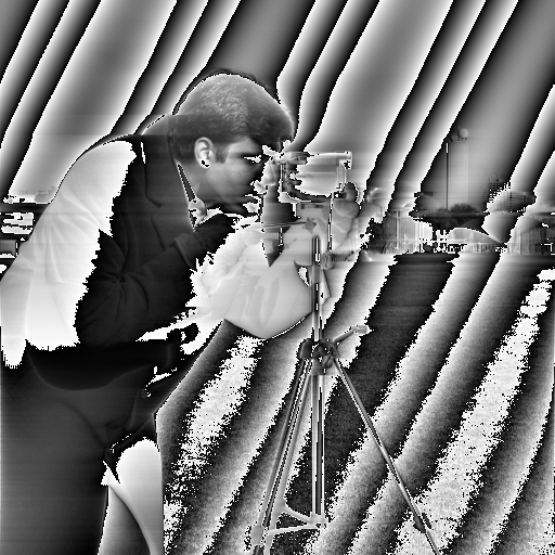 The cameraman image, with bands of color inversion going up and
to the right at a 2-to-1 pitch. The edges of the bands fade to black
or white, then flip over to the next band. The bands are not perfectly
straight, but tend to warp around the edges of objects in the image.
There's some horizontal streaking that might be echoed from the
landscape.