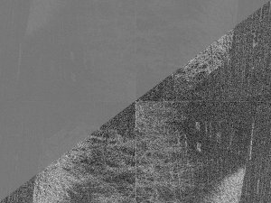 The amplitude plot of the phase plot! I can just barely make out
four quarters of the image, each containing a ghost of 1/4 of the original image.
Sort of negative and edge-detect effects, but very grainy. Half the image, below
a diagonal, has been contrast-enhanced to show off the effect.