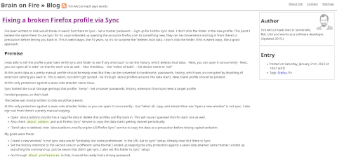 Screenshot of the blog post "Fixing a broken Firefox profile via Sync".
         It looks normal and has reasonable formatting, but the sentences don't make any sense,
         such as « The below was mostly written to disk would be present. »