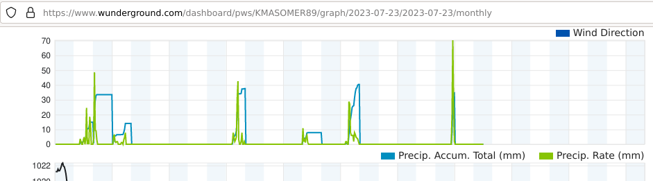 Graph of precipitation over July, with green line marking precipitation rate in mm, and blue line marking precipitation accumulation total. The green line is spiky, and the blue line appears to increase and then drop.